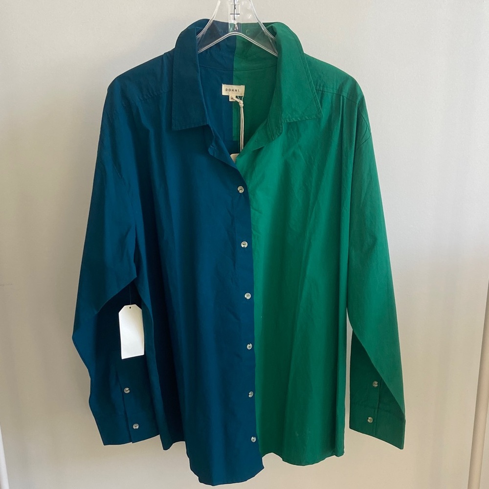 DONNI. Percale Cotton Colorblocked Blouse NWT XXL
